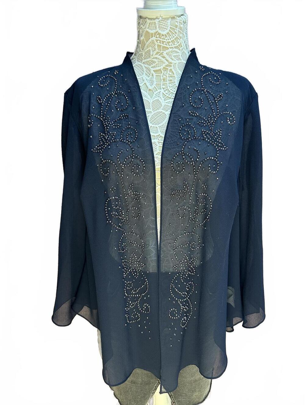 R & M Richards Elegant Navy Blue Sheer Embellished Jacket‎
